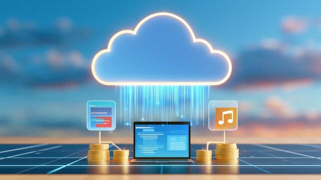 Glowing cloud computing concept with data streams and digital icons over grid surface