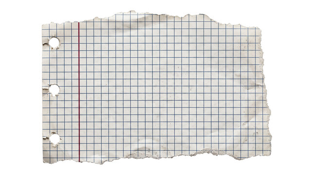 Torn piece of grid paper with holes white stationery material isolated on transparent background png.