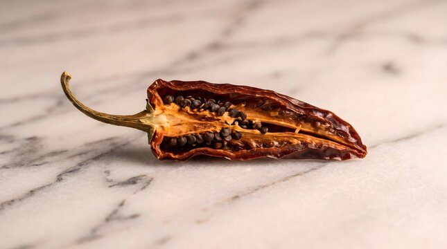Dried chili pepper cut in half showing dark seeds on marble background