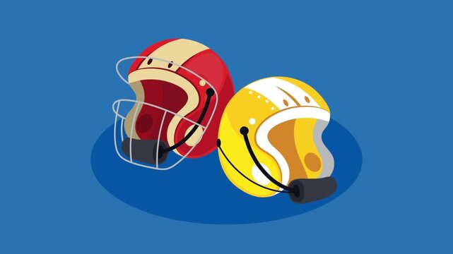 Two Sports Helmets Red with Wire Cage and Yellow with White Stars Sitting Together on Blue Background, Dynamic Motion Graphic Animation Loop for Athletic Competition Promo or Team Match Visual.