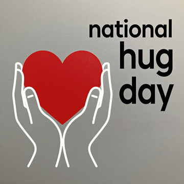 Red heart icon held by white outline hands illustration. National Hug Day concept graphic sign on grey background. Minimalist art shows love support care, kindness symbol. Friendly template design