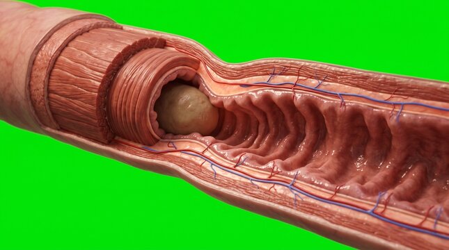 3D medical illustration of human esophageal peristalsis showing food bolus movement.