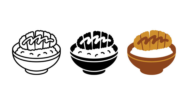 Japanese katsu don bowl with fried pork cutlet and rice icons japanese illustration