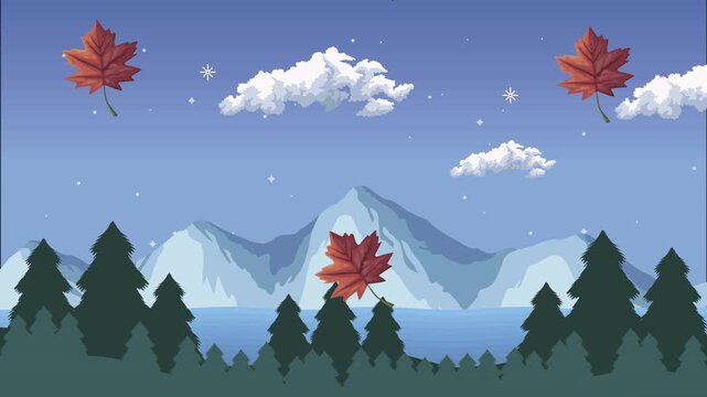 Digital Landscape Animation Featuring Stylized Mountains Trees Clouds Stars and Floating Autumn Leaves, Atmospheric Motion Graphic Loop Concept for Seasonal Background or Nature Broadcast Backdrop.