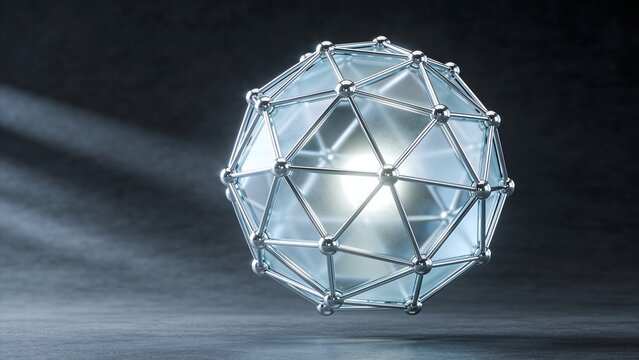 Futuristic geodesic wireframe sphere containing glowing light core suitable for technology wallpaper science background web design digital art presentation and graphic resources