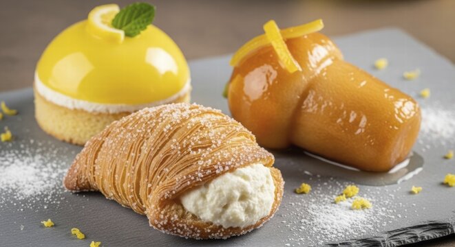 A close-up view of three distinct Italian pastries, including a sfogliatella, a lemon dome cake, and a rum baba, artfully arranged on a slate platter, AI generated
