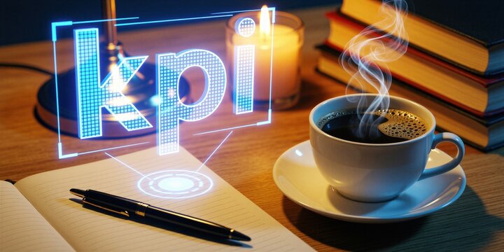 Office desk with glowing KPI hologram. Steaming coffee cup, notebook and pen ready. Books stacked near candle, warm ambient light fills workspace. Business goal tracking.