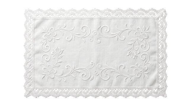White rectangular linen doily with floral embroidery and lace trim on a transparent background.