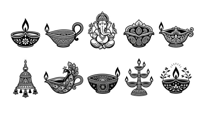 Set of decorative diwali diya lamps and ganesha icon