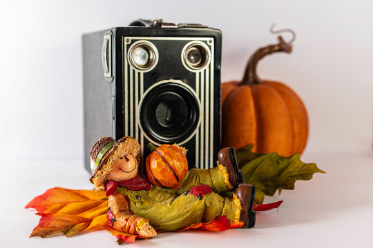 vintage Brownie box camera with autumn decorations isolated on white background