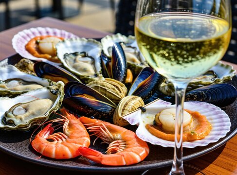 Gourmet seafood platter with fresh oysters mussels, pink shrimp on plate. Glass of cold white wine stands on wooden table outdoors. Luxury mediterranean meal served for dinner party at restaurant