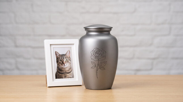 Silver pet cremation urn with a rose engraving and a cat photo frame on a table.