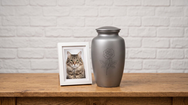 Silver pet cremation urn with a rose engraving and a cat photo frame on a table.