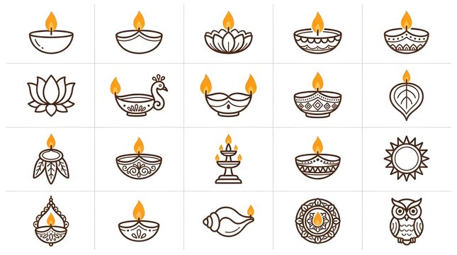 Set of diwali diya lamp icons