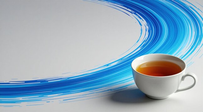 White ceramic tea cup on blue abstract swirl background. Warm herbal beverage in minimalist mug with flowing creative lines. Calm morning refreshment concept for healthy lifestyle blog. Simple