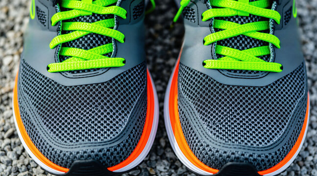 Closeup front view of grey running shoes with bright neon green laces on road. Pair of modern athletic sneakers with orange accents stand on pebble surface. Active footwear for sport training,