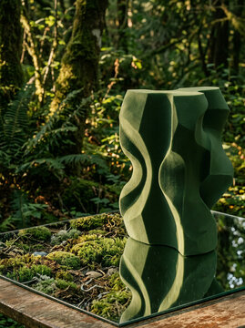 Green curved abstract sculpture stands on a square mirror among moss in a lush forest