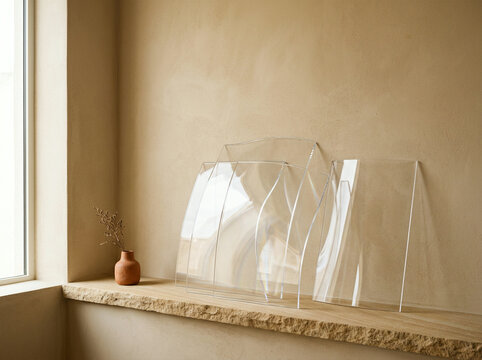 Four clear acrylic frames lean against a wooden ledge beside a dried plant vase