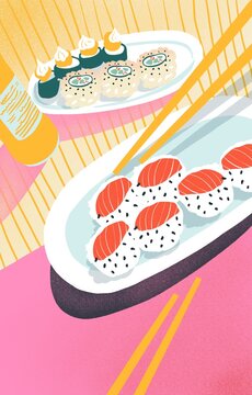 Sushi and Soy Sauce Flat Lay