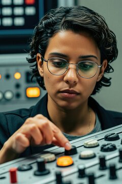 Serious female engineer with short hair wears glasses working at control panel. Skilled woman rotates dial on industrial machine console. Pro technician monitors technical equipment in dark room.