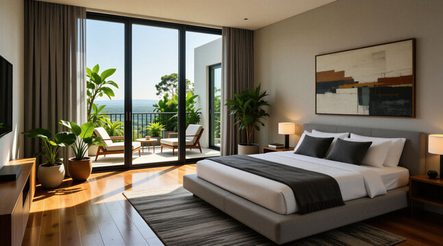 Modern minimalist bedroom with large windows. Luxury hotel room with balcony, tropical plants, wooden floor and abstract art. Peaceful indoor space with natural light.