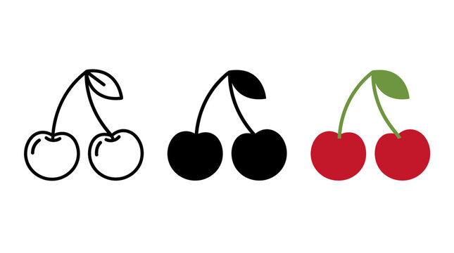 Fresh cherry fruit icon set in outline silhouette and flat color with collection
