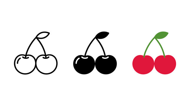 Fresh cherry fruit pair icon set in outline silhouette and red color with collection