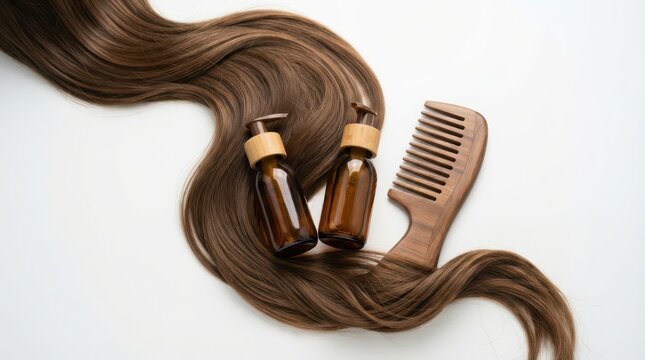 Brown hair strands with two amber glass cosmetic bottles and a wooden comb isolated on white background
