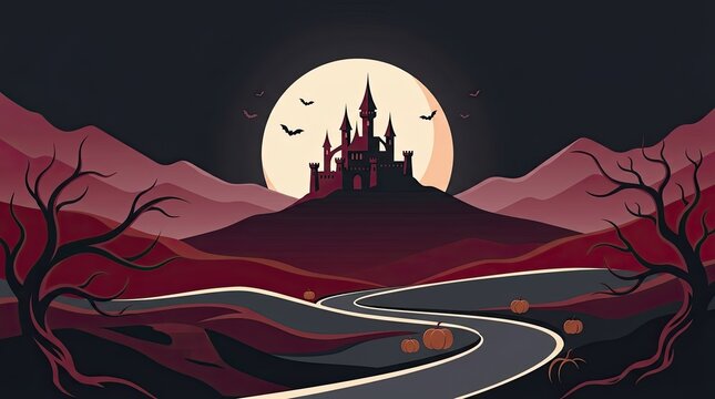 A spooky pixel art landscape featuring a dark haunted castle under a full moon for a halloween background