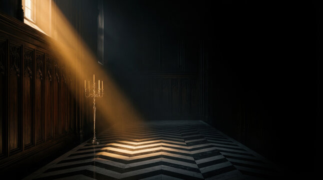 A tall silver candelabra standing on a and chevron floor in a dark generated using ai