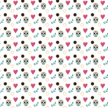 Colorful seamless pattern featuring decorative sugar skulls, pink hearts, stylized flowers and teal botanical ornaments