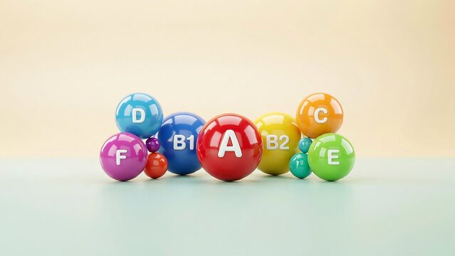 Colorful vitamin balls labeled a, b1, b2, c, d, e and f on a light background