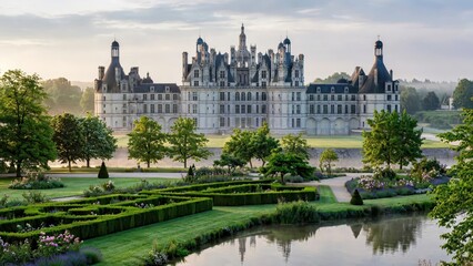 Obraz premium Stunning view of the historic Chambord Castle surrounded by lush green gardens at sunrise.