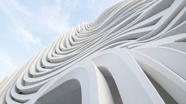 white modern architectural facade with curved structural elements and open arches under blue sky