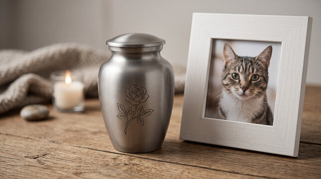 Silver pet cremation urn with a rose engraving and a cat photo frame on a table.