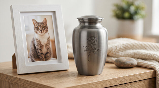 Silver pet cremation urn with a rose engraving and a cat photo frame on a table.