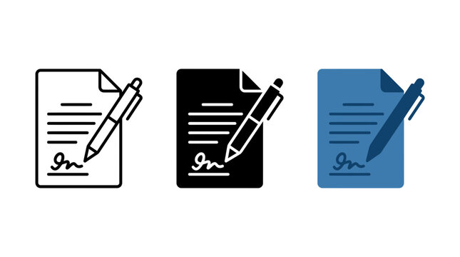 Document signing icon set featuring pen and contract paper symbols document signature