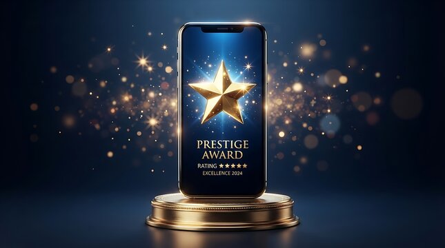 Glowing smartphone display showcasing prestigious five star excellence award badge with star icon with sleek smartphone elevated polished golden stand