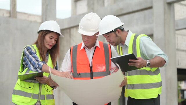 Architects and construction engineers review structural and architectural plans at a building site. Concept of construction planning, structural design, teamwork, and project development.