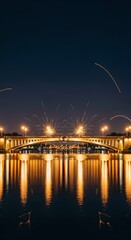 Fototapeta premium Midnight Splendor over the Litéiny Bridge — A Majestic City Bridge Illuminated by Warm Golden Lights Stretches Across a Calm River, Its Elegant Reflections Mirrored in the Still Water, While Vivid Fir