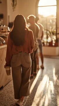 A back view of a short queue of customers waiting in a sunlit corner coffee shop with warm daylight neutral tones and a calm everyday morning atmosphere