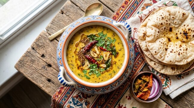 Delicious Indian Dal Tadka served with Roti and Pickle.