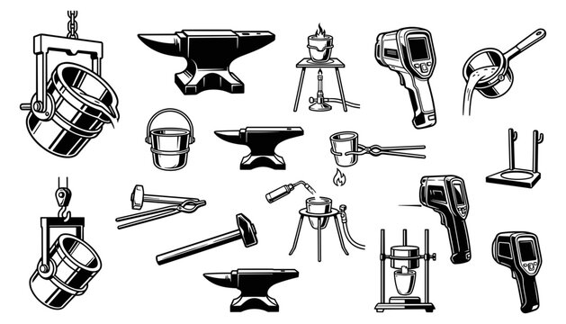 Set of metalworking and foundry equipment icons