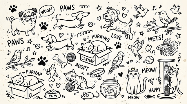  "Quirky doodle collection of pets and animals. Loose sketches of dogs, cats, birds, fish, paw prints, and pet accessories in a playful line art style."