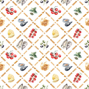 Mediterranean Watercolor Food Pattern with Pasta, Mussels and Tomatoes