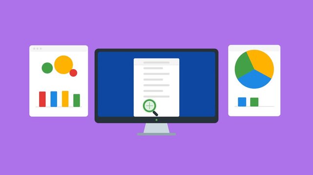 Computer monitor with magnifying glass scanning document and business charts flat vector animation