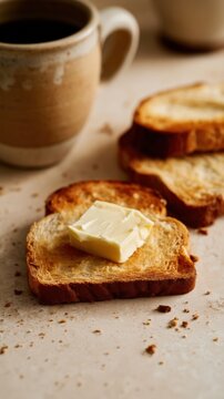 A cozy kitchen counter with a mug of coffee a jar of granola a bowl of blueberries and a slice of toast with butter on a rustic wooden board beside a bright window