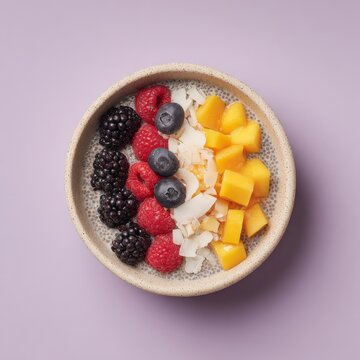 Glossy bowl with chia pudding berries coconut and mango arranged neatly, a colorful healthy breakfast image about clean eating nutrition and vibrant superfood recipes