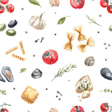 Mediterranean Watercolor Food Pattern with Pasta, Tomatoes and Garlic