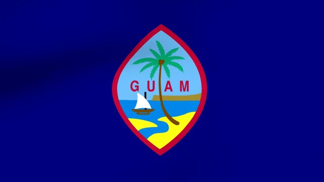 Waving flag of Guam with deep blue background and central emblem of palm tree and proa sailboat
